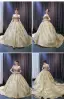 Luxury / Gorgeous Gold Beading Pearl Sequins Chapel Train Prom Dresses 2024 Off-The-Shoulder Sleeveless Backless Prom Formal Dresses