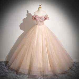 Élégant Champagne Perlage Perle Robe De Bal 2024 Robe Boule Volants De L Épaule Sans Manches Dos Nu Longue Promo Robe De Ceremonie