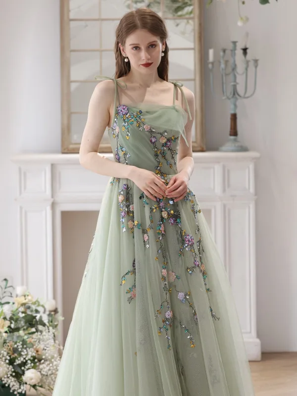 Chic / Beautiful Sage Green Beading Lace Flower Prom Dresses 2024 A-Line / Princess Spaghetti Straps Sleeveless Backless Floor-Length / Long Prom Formal Dresses