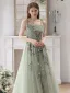 Chic / Beautiful Sage Green Beading Lace Flower Prom Dresses 2024 A-Line / Princess Spaghetti Straps Sleeveless Backless Floor-Length / Long Prom Formal Dresses