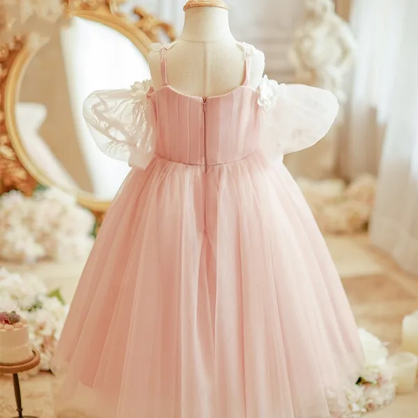 Flower Fairy Blushing Pink Appliques Birthday Flower Girl Dresses 2024 Ball Gown Spaghetti Straps Short Sleeve Backless Floor-Length / Long
