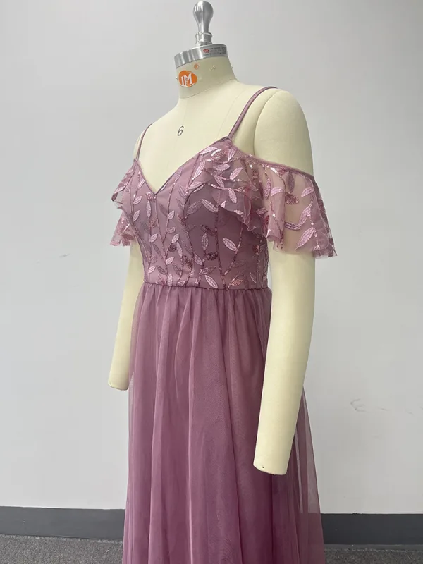 Chic / Belle Rougissant Rose Brodé Paillettes Robe De Bal 2024 Princesse Bretelles Spaghetti Sans Manches Dos Nu Longue Promo Robe De Ceremonie