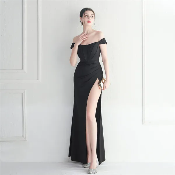 Chic / Beautiful White Split Front Evening Dresses 2024 Trumpet / Mermaid Off-The-Shoulder Sleeveless Backless Floor-Length / Long Evening Party Formal Dresses