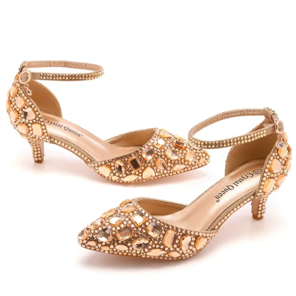 Charmant Doré Soirée Cristal Sandales Femme 2023 Bride Cheville Faux Diamant 5 cm Talons Aiguilles À Bout Pointu Sandales Talons Hauts