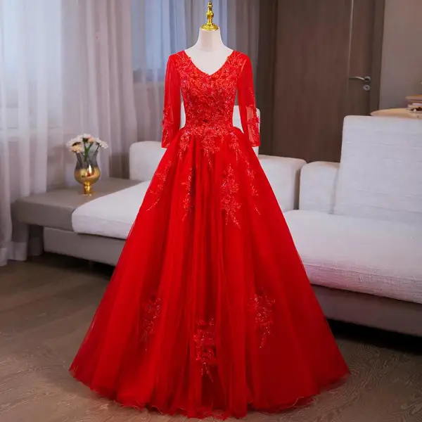 Vintage / Retro Red Sequins Lace Flower Appliques Prom Dresses 2024 Ball Gown V-Neck Long Sleeve Backless Floor-Length / Long Prom Formal Dresses
