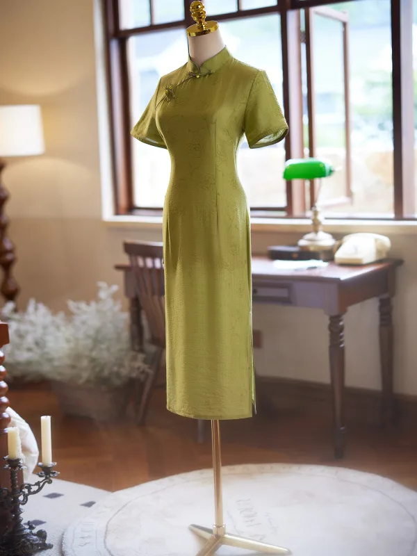Chinese style Clover Green Summer Tea-length Cheongsam Trumpet / Mermaid 2024 High Neck Short Sleeve