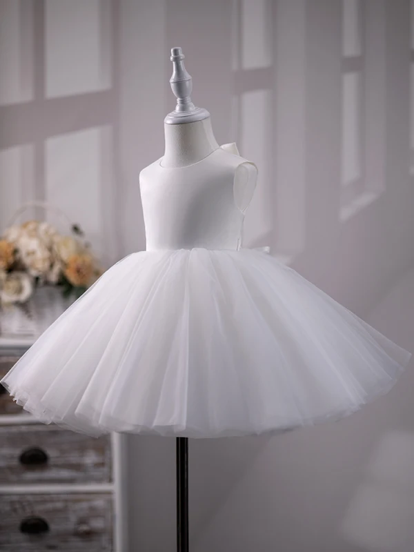 Modest / Simple White Short Birthday Flower Girl Dresses 2024 Ball Gown Scoop Neck Sleeveless Backless Bow