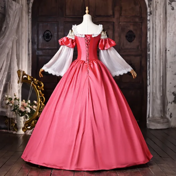 Vintage / Originale Médiévale Fushia En Dentelle Fleur Robe De Bal 2026 Robe Boule U-Cou Manches de cloche Dos Nu Longue Robe De Ceremonie