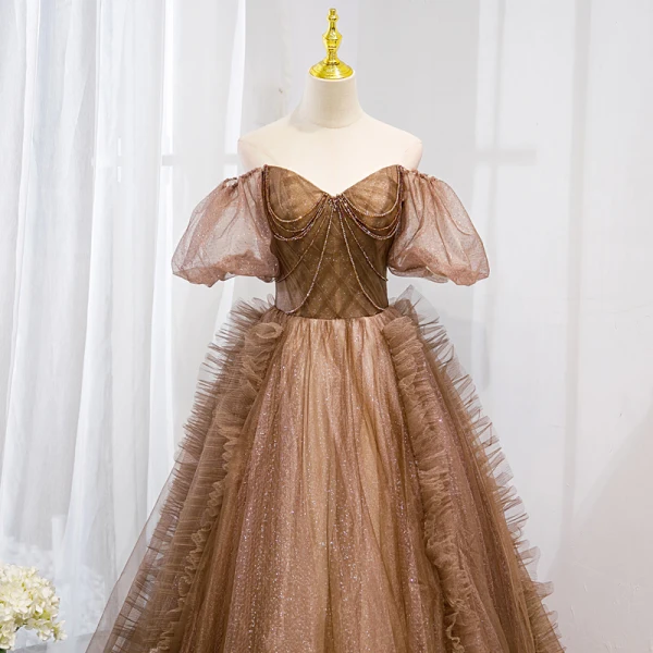 Chic / Beautiful Coffee Sequins Puffy Prom Dresses 2022 A-Line / Princess Off-The-Shoulder Beading Tassel Short Sleeve Backless Floor-Length / Long Prom Formal Dresses