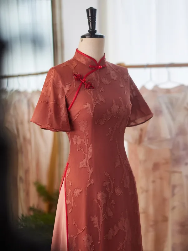 Chiński Styl Vintage Czerwone Długość Herbaty Cheongsam 2024 Syrena / Rozkloszowane Wysokiej Szyi Kótkie Rękawy