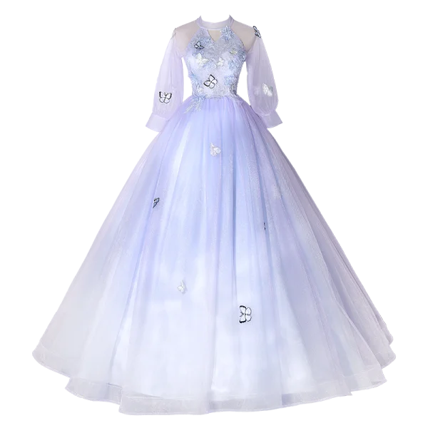 Schöne Himmelblau Spitze Blumen Schmetterling Applikationen Ballkleider 2022 Ballkleid Stehkragen Kurze Ärmel Lange Festliche Kleider