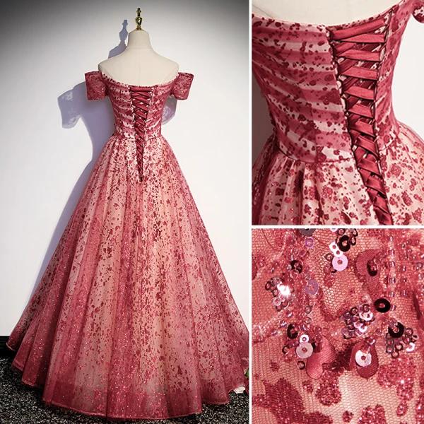 Elegant Red Glitter Sequins Prom Dresses 2022 A-Line / Princess Off-The-Shoulder Short Sleeve Backless Floor-Length / Long Formal Dresses