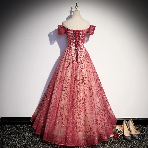Elegant Red Glitter Sequins Prom Dresses 2022 A-Line / Princess Off-The-Shoulder Short Sleeve Backless Floor-Length / Long Formal Dresses