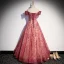 Elegant Red Glitter Sequins Prom Dresses 2022 A-Line / Princess Off-The-Shoulder Short Sleeve Backless Floor-Length / Long Formal Dresses