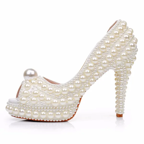 Elegante Beige Perle Brautschuhe 2024 11 cm Stilettos Peeptoes Hochzeit Sandaletten Hochhackige