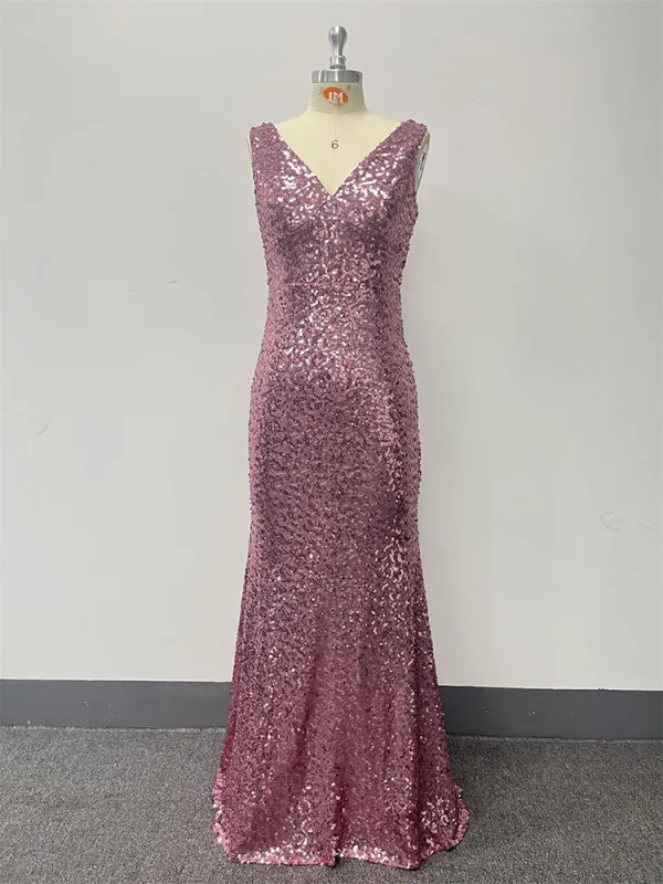 Sparkly Blushing Pink Sequins Evening Dresses 2024 Trumpet / Mermaid V-Neck Sleeveless Backless Floor-Length / Long Evening Party Formal Dresses