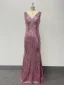 Sparkly Blushing Pink Sequins Evening Dresses 2024 Trumpet / Mermaid V-Neck Sleeveless Backless Floor-Length / Long Evening Party Formal Dresses