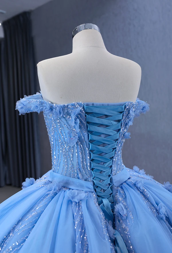 Haut de Gamme Bleu Perlage Paillettes Appliques Robe De Bal 2024 Robe Boule Bustier Sans Manches Dos Nu Train De Balayage Promo Robe De Ceremonie