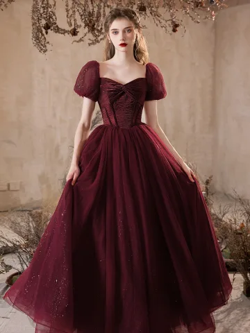Chic Belle Bordeaux Glitter Robe De Bal 2024 Princesse Encolure Carrée Gonflée Manches Courtes Dos Nu Longue Promo Robe De Ceremonie