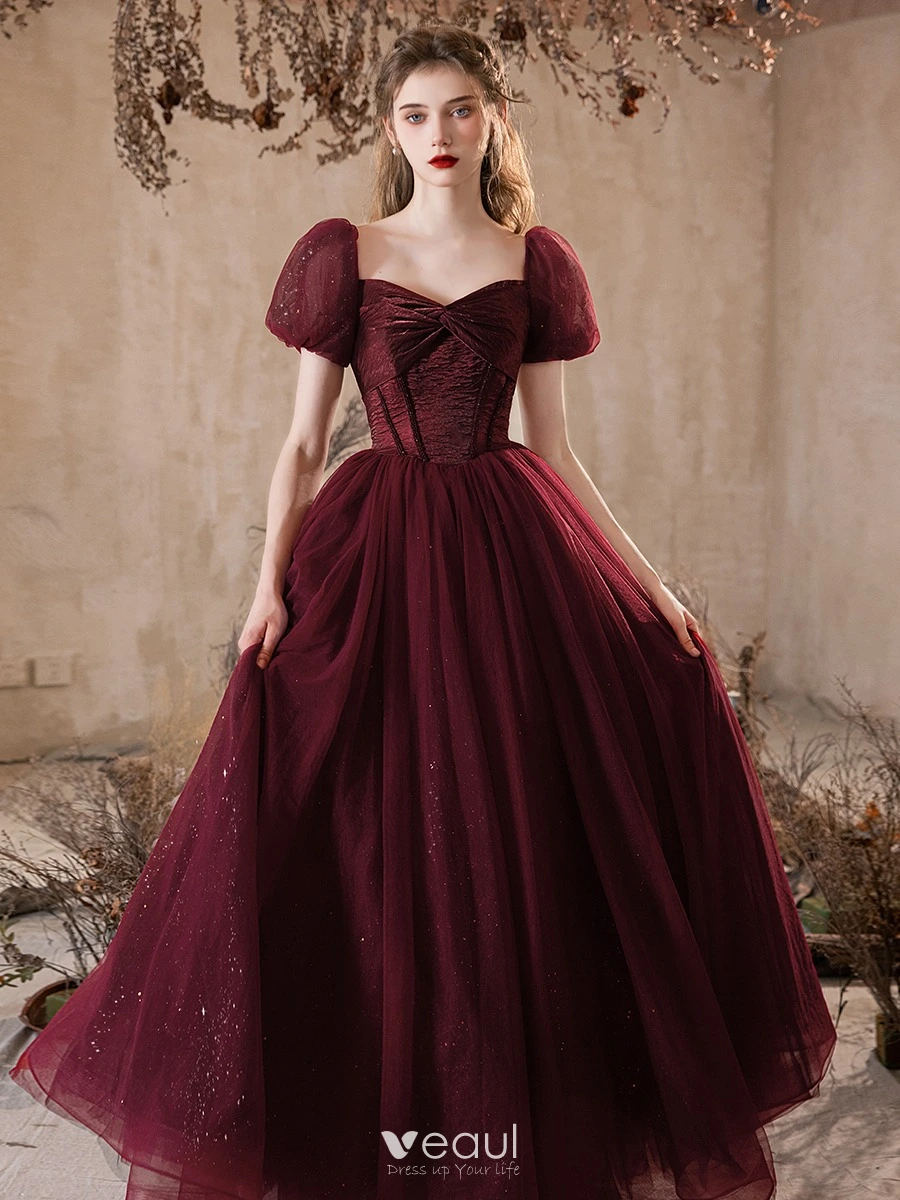 Chic Beautiful Burgundy Glitter Prom Dresses 2024 A Line Princess Square Neckline Puffy Short Sleeve Backless Floor Length Long Prom Formal Dresses
