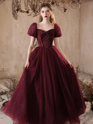 Élégant Bordeaux Paillettes Robe De Bal Princesse 2025 Encolure Carrée Gonflée Manches Courtes Dos Nu Longue Promo Robe De Ceremonie