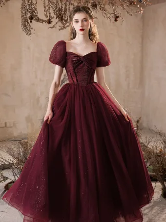Élégant Bordeaux Paillettes Robe De Bal Princesse 2025 Encolure Carrée Gonflée Manches Courtes Dos Nu Longue Promo Robe De Ceremonie