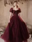 Elegant Burgundy Sequins Prom Dresses A-Line / Princess 2025 Square Neckline Puffy Short Sleeve Backless Floor-Length / Long Prom Formal Dresses