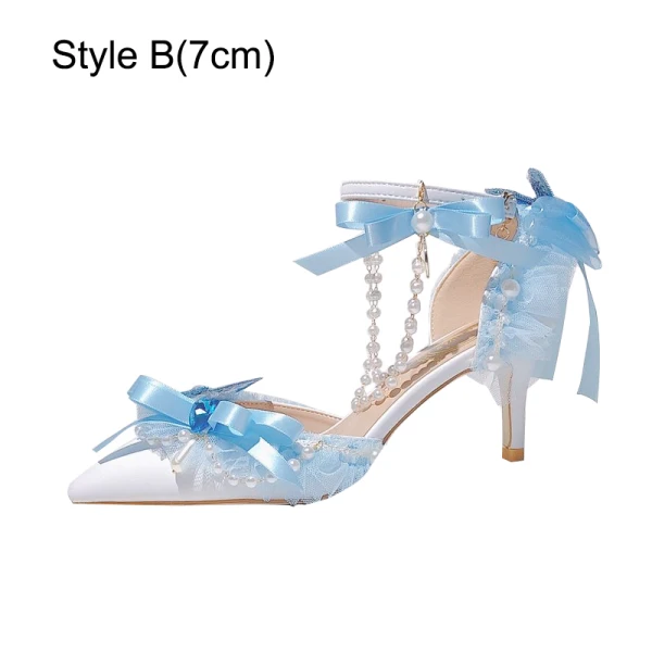 Charmant Himmelblau Perle Schleife Ball Sandalen Damen 2024 9 cm Stilettos Hochhackige Spitzschuh Sandaletten
