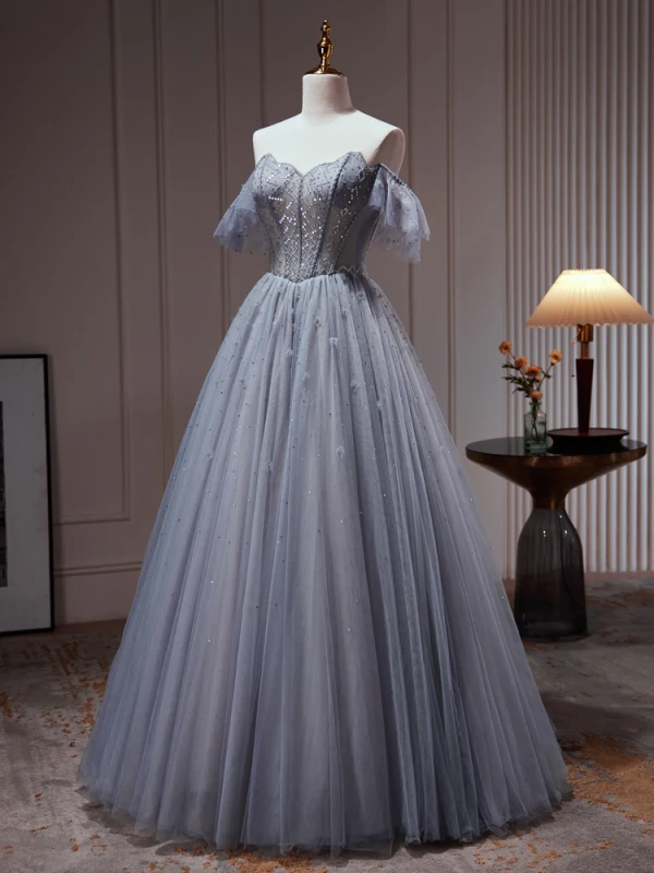 Charmant Meeresblau Perlenstickerei Pailletten Ballkleider 2023 A Linie Off Shoulder Kurze Ärmel Rückenfreies Lange Ball Festliche Kleider