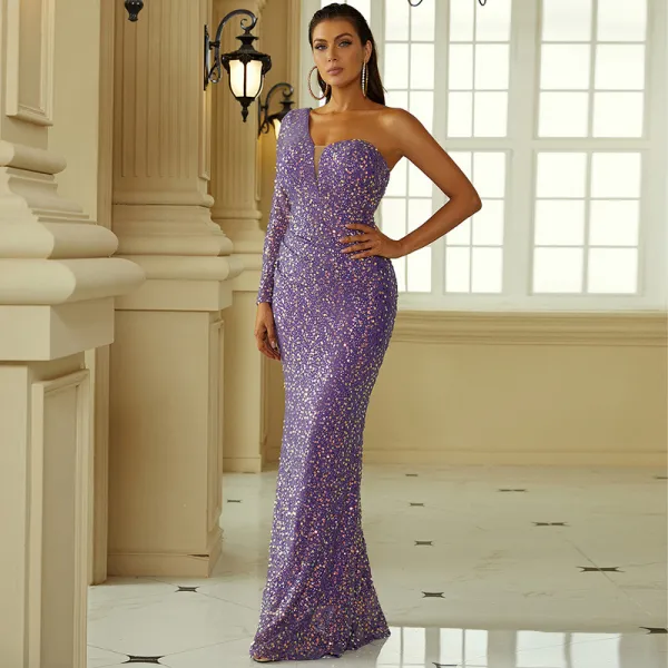 Sexy Grape Sequins Evening Dresses 2022 Trumpet / Mermaid One-Shoulder Long Sleeve Backless Floor-Length / Long Evening Party Formal Dresses