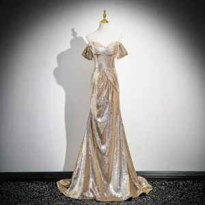 Sexy Sparkly Gold Sequins Evening Dresses 2025 Trumpet Mermaid Strapless Sleeveless Backless Sweep Train Evening Party Formal Dresses