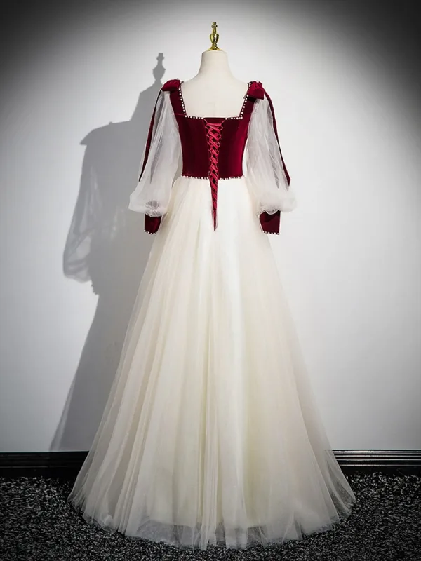 Élégant Bordeaux Paillettes Perle Robe De Bal 2025 Encolure Carrée Manches Longues Dos Nu Longue Promo Robe De Ceremonie