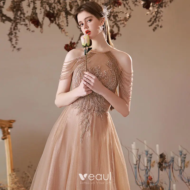 Charming Champagne Beading Tassel Pearl Rhinestone Evening Dresses