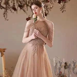 Charming Champagne Beading Tassel Pearl Rhinestone Evening Dresses 2022 A Line Princess Halter Sleeveless Backless Floor Length Long Evening Party Formal Dresses