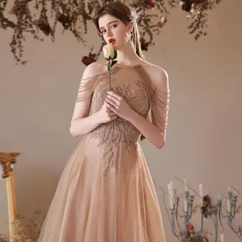 Charmant Champagne Perlage Gland Perle Faux Diamant Robe De Soirée 2022 Princesse Titulaire Sans Manches Dos Nu Longue Soirée Robe De Ceremonie