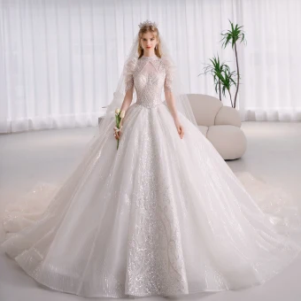 Fabulous White Beading Sequins Pearl Wedding Dresses 2022 Ball Gown High Neck Puffy Short Sleeve Backless Royal Train Wedding