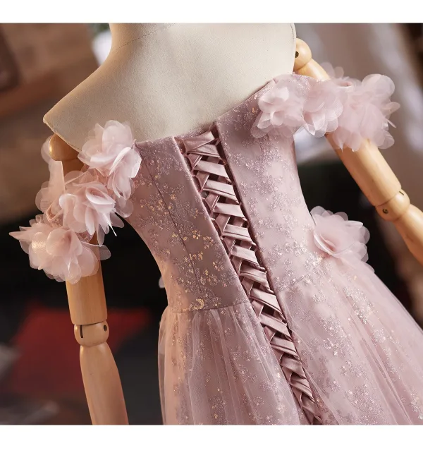 Chic / Beautiful Blushing Pink Appliques Sequins A-Line / Princess Prom Dresses 2025 Off-The-Shoulder Sleeveless Backless Floor-Length / Long Formal Dresses