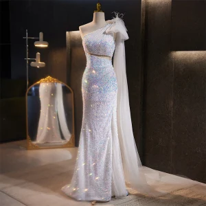 Charming Sparkly Multi Colors Sequins White Evening Dresses 2023 Trumpet Mermaid One Shoulder Bow Sleeveless Backless Split Front Floor Length Long Evening Party
