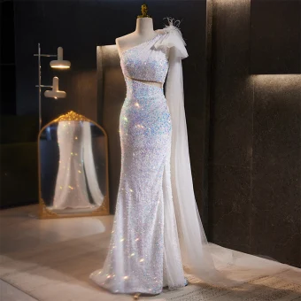 Charming Sparkly Multi Colors Sequins White Evening Dresses 2023 Trumpet Mermaid One Shoulder Bow Sleeveless Backless Split Front Floor Length Long Evening Party