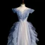 Fashion Sky Blue Ruffle Prom Dresses 2022 A-Line / Princess Off-The-Shoulder Sequins Pearl Short Sleeve Backless Floor-Length / Long Prom Formal Dresses