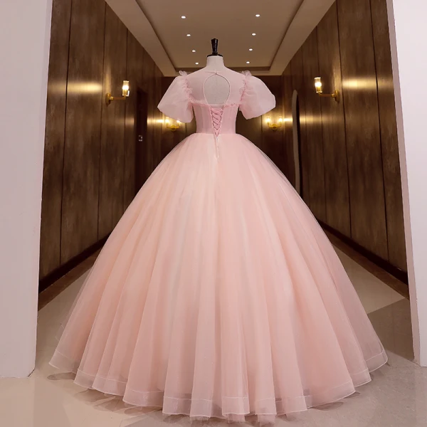 Chic / Belle Rougissant Rose Robe De Bal 2022 Robe Boule Encolure Dégagée Gonflée Manches Courtes Perlage Perle Faux Diamant Dos Nu Longue Robe De Ceremonie