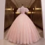 Chic / Belle Rougissant Rose Robe De Bal 2022 Robe Boule Encolure Dégagée Gonflée Manches Courtes Perlage Perle Faux Diamant Dos Nu Longue Robe De Ceremonie