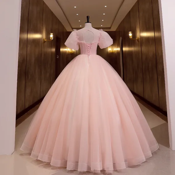 Chic Beautiful Blushing Pink Prom Dresses 2022 Ball Gown Scoop Neck Puffy Short Sleeve Beading Pearl Rhinestone Backless Floor Length Long Formal Dresses