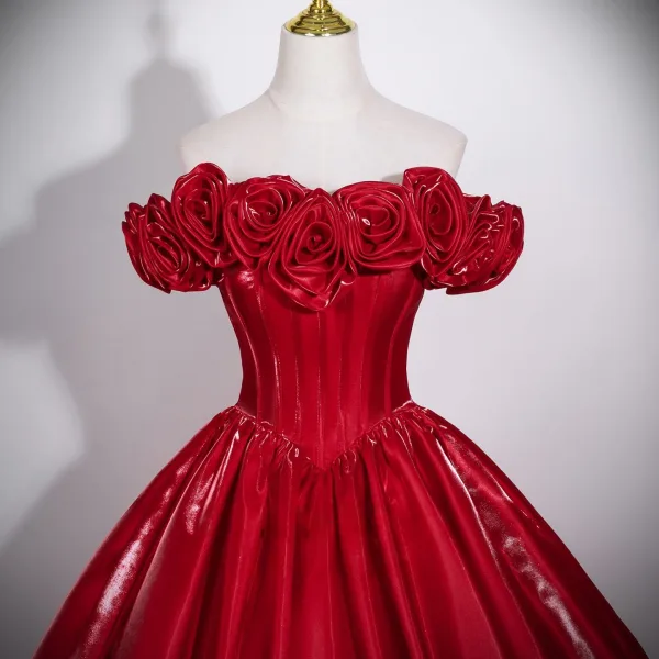 Elegant Burgundy Flower Satin Prom Dresses 2026 Ball Gown Sleeveless Backless Floor-Length / Long Prom Formal Dresses