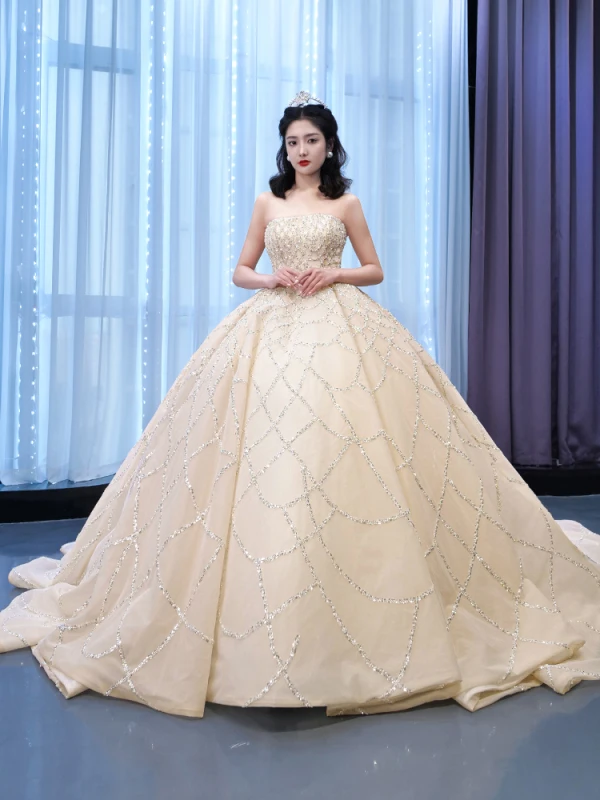 Haut de Gamme Champagne Paillettes Robe De Mariée 2022 Robe Boule Bustier Sans Manches Dos Nu Royal Train Mariage