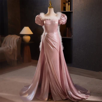 Elegante Blozen Roze Galajurken 2024 Trompet Zeemeermin Vierkante Halslijn Gezwollen Korte Mouwen Ruglooze Sweep Trein Gala Gelegenheid Jurken