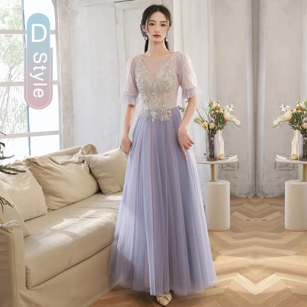 Elegant Purple Lace Flower Bridesmaid Dresses 2022 A-Line / Princess Beading Pearl Sequins Short Sleeve Backless Floor-Length / Long Bridesmaid Wedding Party Dresses