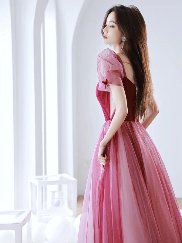 Chic / Beautiful Burgundy Prom Dresses 2022 A-Line / Princess Square Neckline Puffy Short Sleeve Backless Floor-Length / Long Formal Dresses
