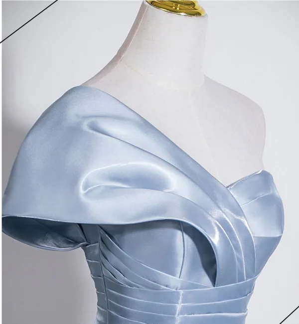 Chic / Beautiful Sky Blue Prom Dresses 2026 Ball Gown One-Shoulder Short Sleeve Backless Floor-Length / Long Formal Dresses