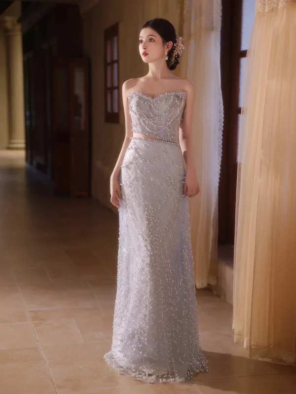 Sexy Sky Blue Beading Pearl Sequins Evening Dresses 2025 Trumpet / Mermaid Strapless Sleeveless Backless Floor-Length / Long Evening Party Formal Dresses